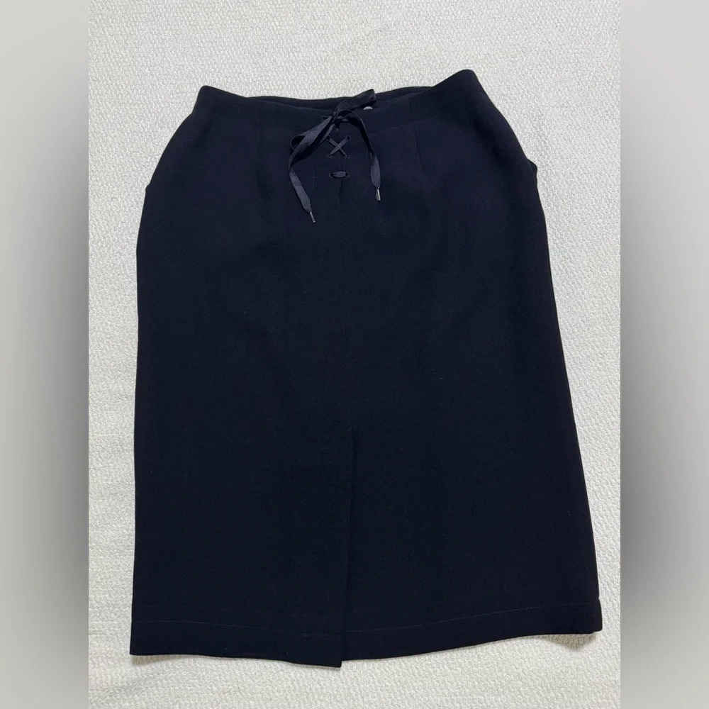 Lauren Ralph Lauren Size 8P Navy Blue Worsted Wool Midi Pencil Skirt Pockets